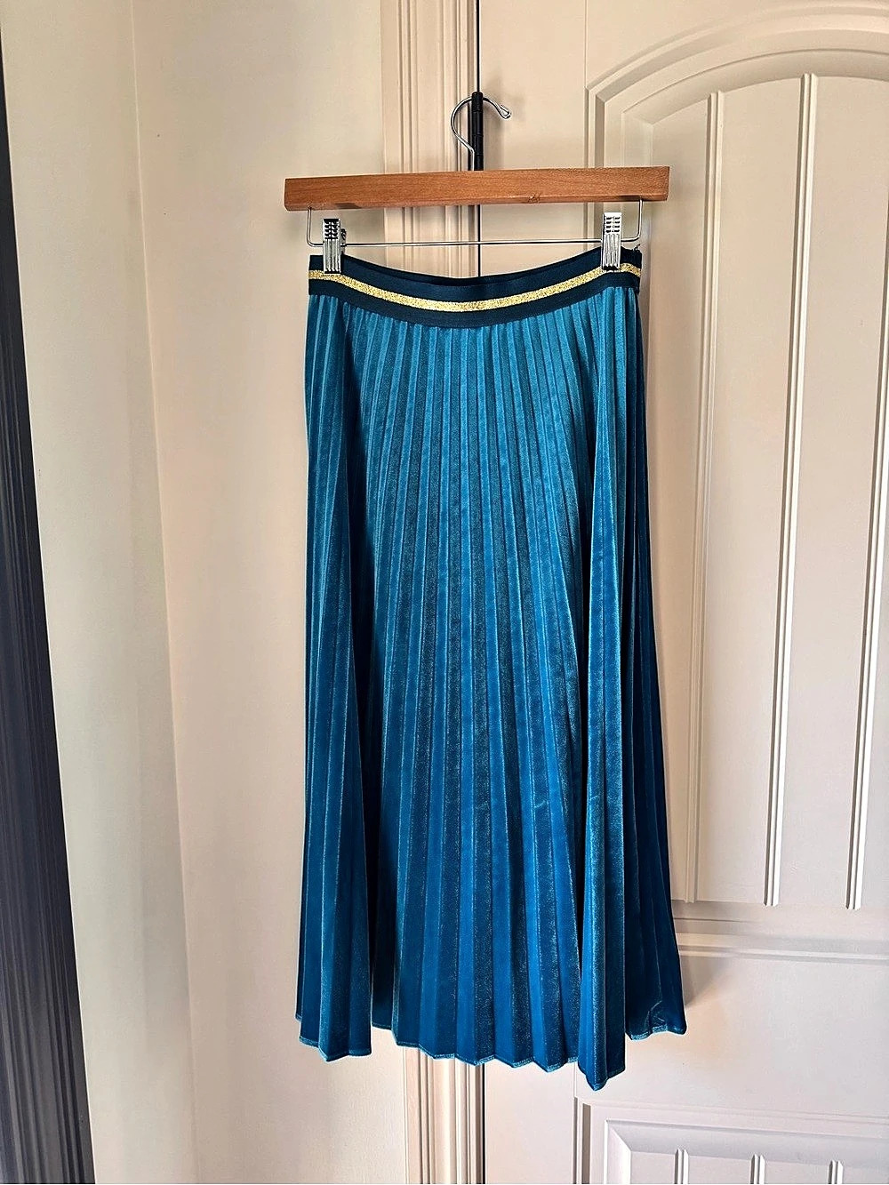 Maeve Turquoise Pleated Velvet Midi Skirt with Gold Waistband Pleated Maxi Skirt